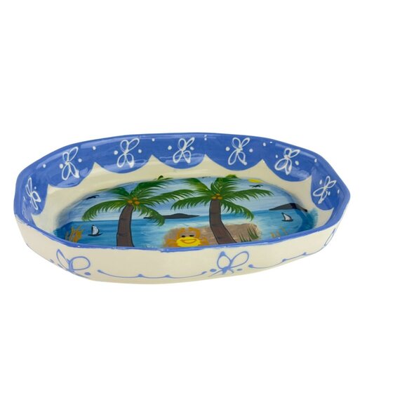 Hand-Painted Ceramic Tropical Jewelry Trinket Dish With Palm Trees & Ocean Scene - Picture 13 of 14